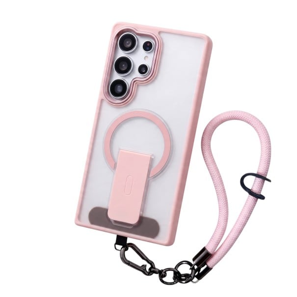 Hoofddoek voor Samsung Galaxy S26 S met magnetisch opladen Uitschuifbare standaard en polsbandje Mobiele hoes met lus roze