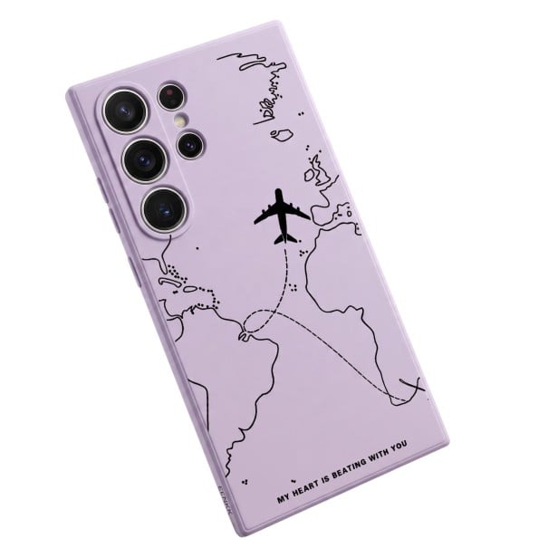 Hoofdkap voor Samsung Galaxy S24 Ultra met vliegtuig en luchtvaartroute Wereldkaart Flexibele TPU hoes voor reizigers paars