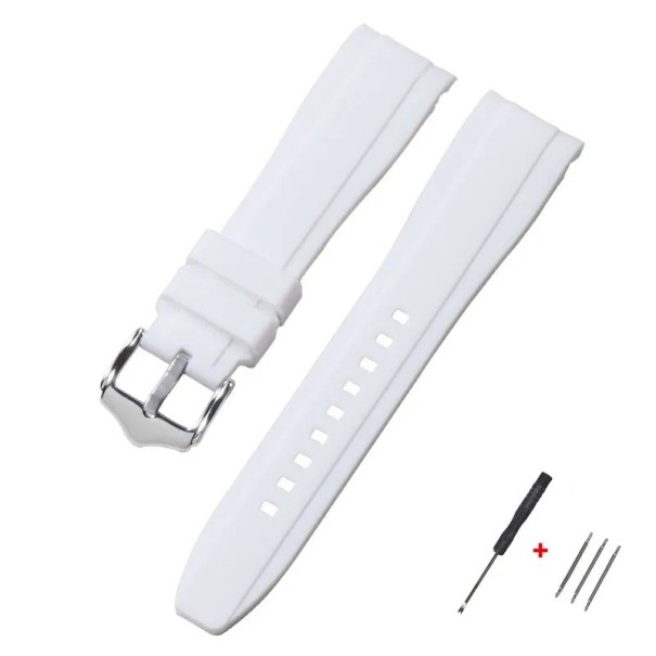 Horlogeband 20 mm Rubberen siliconen band met afgeronde uiteinden voor Swatch Omega Moonswatch Omega Speedmaster Seiko waterdichte armband met zilveren gesp wit