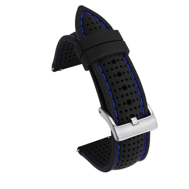 Horlogeband 22 mm Zacht siliconen rubber sportwaterdicht ademend band met snelsluiting en zilveren gesp voor de meeste platte horloges zwart-blauw