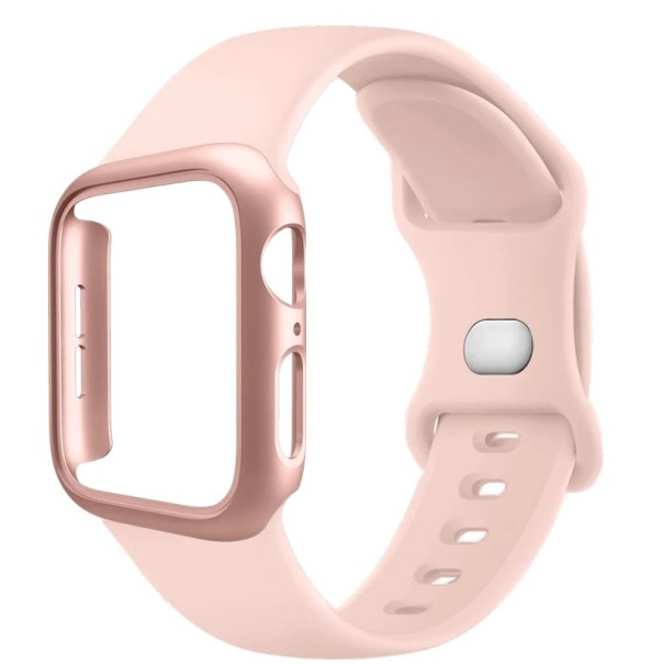 Horlogehoes + siliconen band voor Apple Watch 42 mm Super beschermingsset harde hoes en zacht bandje compatibel met meerdere modellen roze