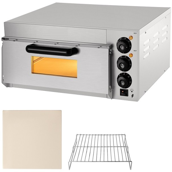 Horno de pizza eléctrico de un piso 1300 W 220 V Horno de pizza eléctrico de acero inoxidable de 35 cm con estante de piedra Horno de sobremesa con control de temperatura 56 x 47,5 x 26,5 cm 1