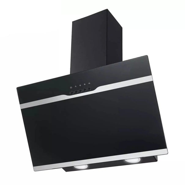 Hotte murale inclinée 350 m³/h 32,9 x 59,5 x 68,1 cm verre trempé et acier inoxydable en noir classe énergétique A++ au-dessus de la plaque de cuisson 1