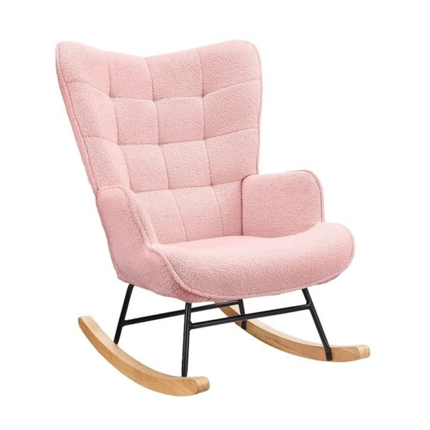 Houpací křeslo s vysokou opěrkou a měkkým bouclé polstrováním, rozměry 92 x 68 x 75 cm, nosnost 130 kg, do obývacího pokoje a ložnice růžová