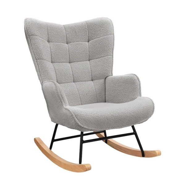 Houpací křeslo s vysokou opěrkou a měkkým bouclé polstrováním, rozměry 92 x 68 x 75 cm, nosnost 130 kg, do obývacího pokoje a ložnice světle šedá