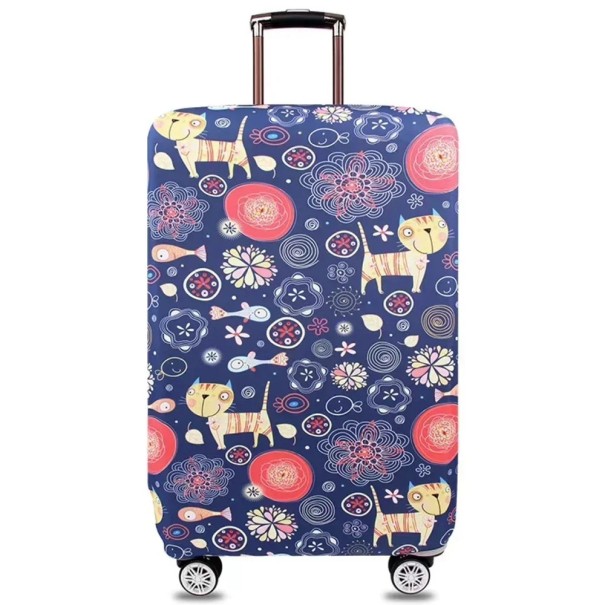 Housse extensible pour valise de voyage avec motif de chats et de fleurs 80 cm tissu élastique bleu housse de protection pour grands bagages 1
