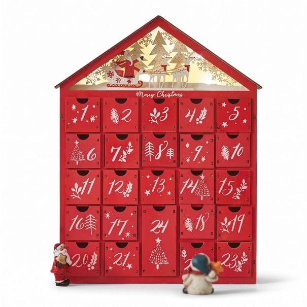 Houten adventskalender met verlichting Huisje met de Kerstman en rendieren 24 lades Op 2 AA-batterijen Kerstdecoratie Voor cadeaus voor kinderen 1