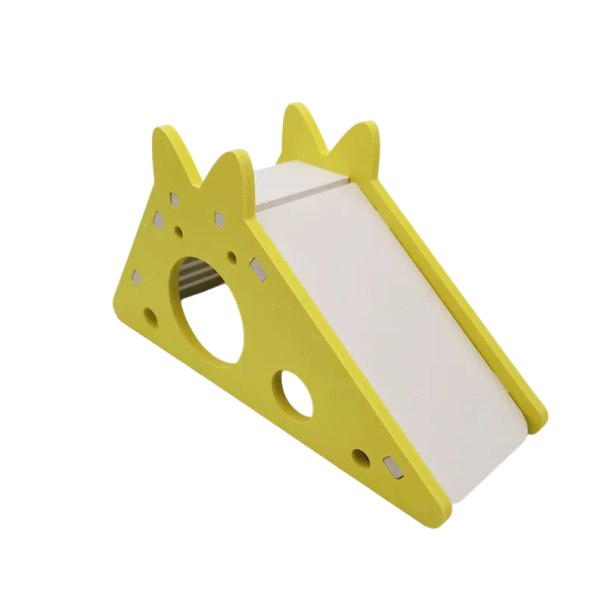 Houten huisje voor knaagdieren 18,7 x 7 x 9,7 cm met een opening van 4,5 cm Mini huisje met glijbaan voor hamsters, muizen, cavia's natuurlijk huisje voor in de kooi geel