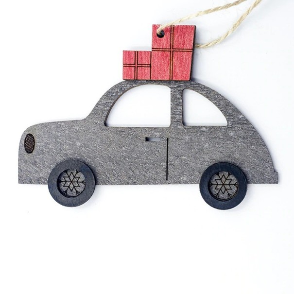 Houten kerstauto ornament grijs
