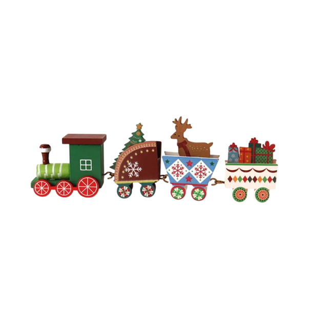 Houten kerstdecoratie Locomotief met 3 wagons 24,5 x 6,5 cm Handgeschilderde trein met cadeaus en figuren in geschenkdoos voor op tafel of plank multicolor