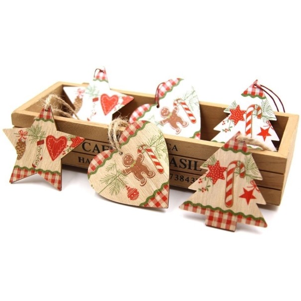 Houten kerstversieringen 9 stuks