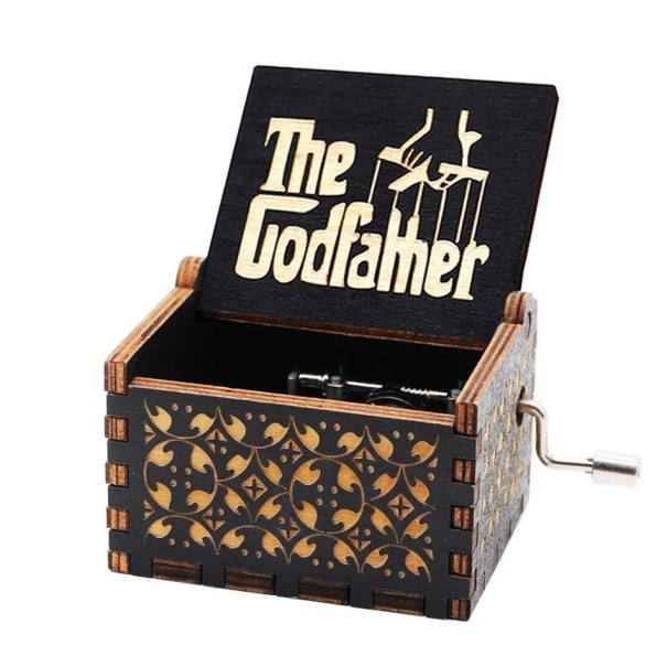 Houten muziekdoos met het motief van poppenspeler handen handmatige opwinding 6,4 × 5,2 × 4,2 cm multiplex zwart gravure decoratie cadeau 1