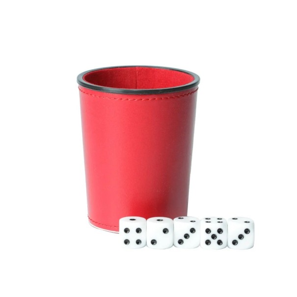 Hrací kostky 5 ks s kelímkem 9 x 7.5 x 6 cm Kožený vzhled Sada kostek pro herní večer rodinnou zábavu a společenské hry červená