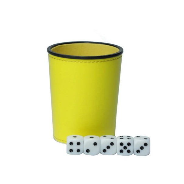 Hrací kostky 5 ks s kelímkem 9 x 7.5 x 6 cm Kožený vzhled Sada kostek pro herní večer rodinnou zábavu a společenské hry žlutá