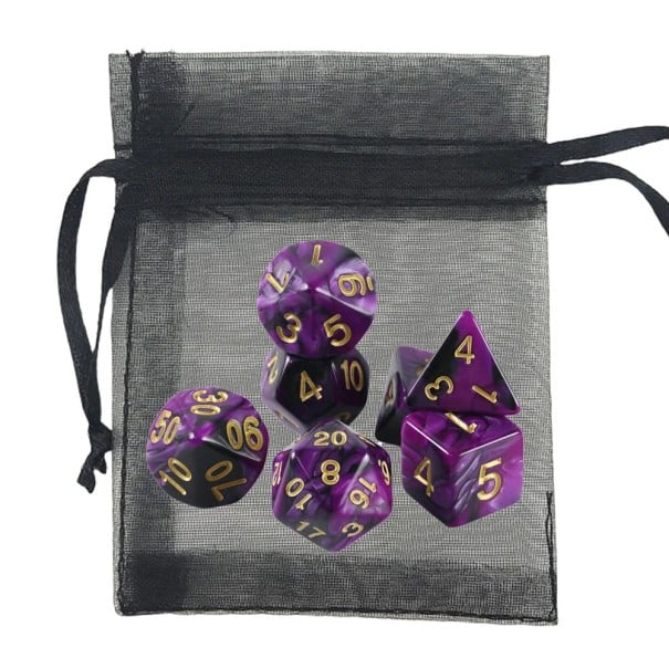 Hrací kostky 7 ks a pytlíček Mnohostěnné RPG kostky z akrylu pro Dračí doupě DnD Stolní fantasy hry fialová