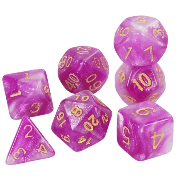 Hrací kostky 7 ks mnohostěnné RPG kostky Galaxie styl Vícebarevná fantasy sada pro stolní hry Dračí doupě roleplay růžová