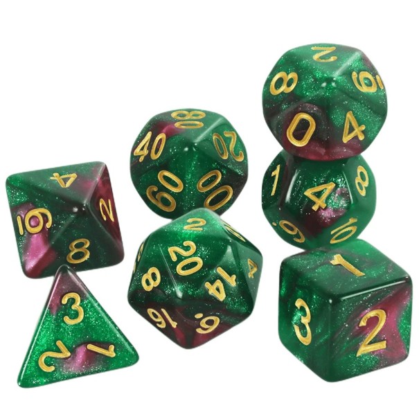 Hrací kostky 7 ks mnohostěnné RPG kostky Galaxie styl Vícebarevná fantasy sada pro stolní hry Dračí doupě roleplay zelená