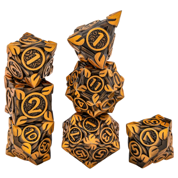 Hracie kostky 7 ks RPG Prírodné fantasy listy Sada kostiek pre stolné hry Dračí doupě a roleplay systémy čierna