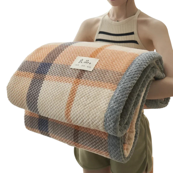 Hřejivá přikrývka kostky a pruhy 120 x 200 cm 0,9 kg Měkká žinylková deka s lemováním Nadýchaná prošívaná deka na postel i gauč oranžová