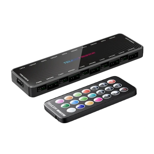 Hub PWM et ARGB 2 en 1 avec 10x 5V 3 broches et 10x 12V 4 broches alimentation SATA, base magnétique et télécommande ARGB 16,4x4,8x1,5 cm noir