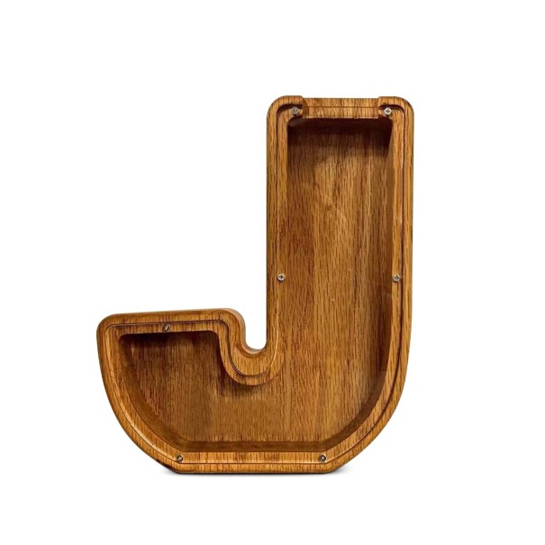 Hucha de madera letra J 18 cm de altura 2,8 cm de ancho Parte de plástico transparente Hucha decorativa 1