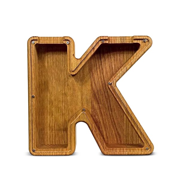 Hucha de madera letra K 18 cm de altura 2,8 cm de ancho Parte de plástico transparente Hucha decorativa 1