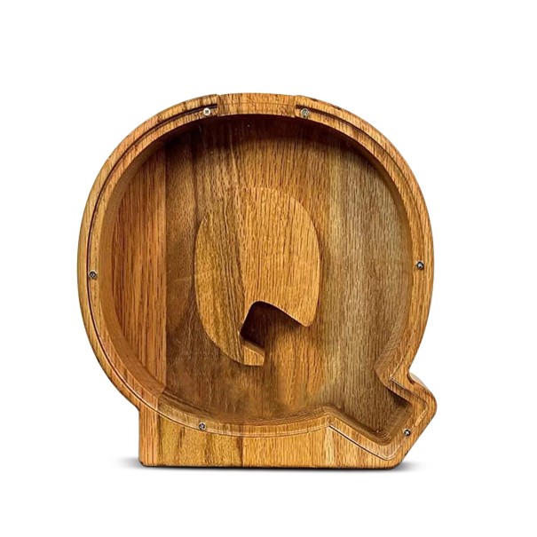 Hucha de madera letra Q 18 cm de altura 2,8 cm de ancho Parte de plástico transparente Hucha decorativa 1