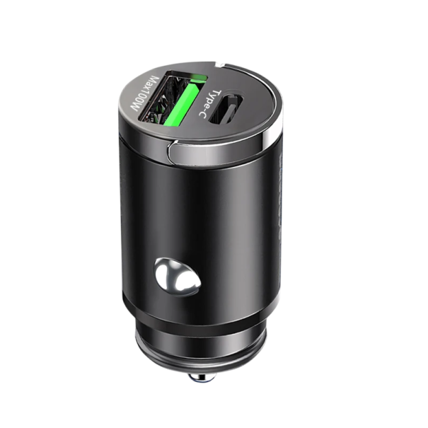 Hurtig biloplader 100W USB C og USB A mini cigarettænderoplader understøtter hurtigopladning af to enheder. Type C-kompatible modeller. sort