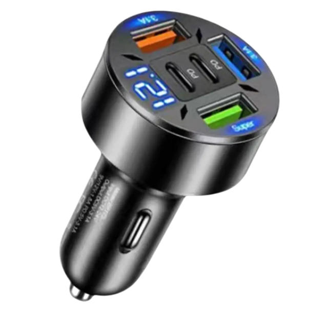 Hurtig biloplader 250W med 5 porte, 2× USB C og 3× USB A cigarettænderoplader, PD QC3.0 digital displaytelefonadapter 1