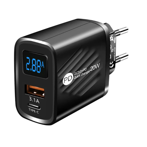 Hurtigopladende USB-oplader 20W med LED-display USB C- og USB A-porte PD 5V EU-adapter Hurtigopladning til telefon og tablet sort