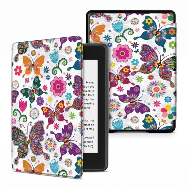 Husa albă flip pentru Kindle 10 generația 2019 de 6 inch cu fluturi ornamentali colorați și flori colorate cu curea și folie 1