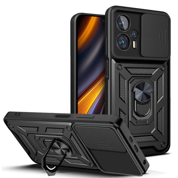 Husa de protectie cu magnet, suport si capac pentru obiectiv pentru Xiaomi Poco F4 negru