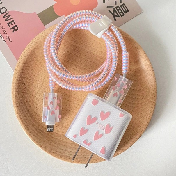 Husă de protecție din silicon pentru încărcător și cabluri cu motiv de inimioare Husă transparentă cu inimioare colorate Protecție pentru accesorii iPhone roz deschis