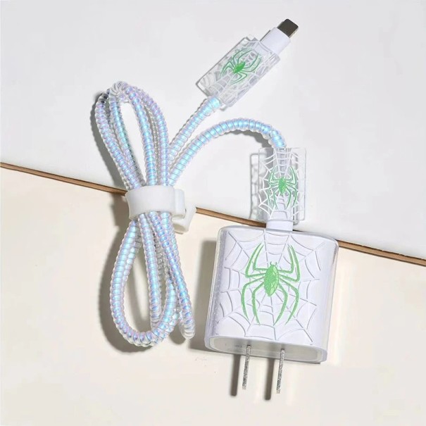 Husă de protecție din silicon pentru încărcător și cabluri cu motiv de pânză de păianjen Capac transparent cu păianjen colorat Protecție pentru accesorii iPhone verde