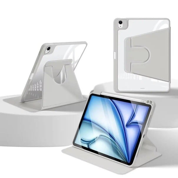 Husă de protecție pentru tabletă iPad Air 13 cu chip M2, rotire de 360 de grade, piele artificială, spate transparent și deschidere gri
