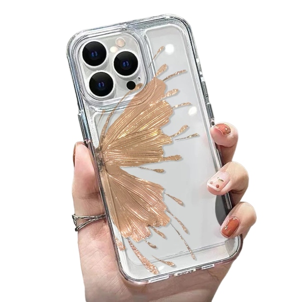 Husa de protectie transparenta pentru iPhone 15, fluture auriu 1