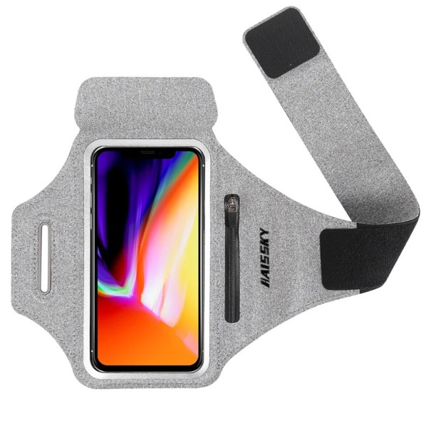 Husă de telefon pentru alergare cu triplu velcro, ecran tactil și buzunar pentru chei și carduri gri