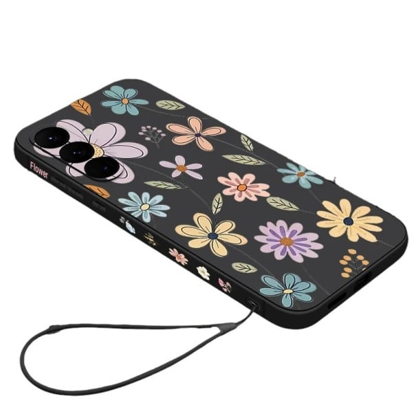 Husă din silicon cu curea pentru încheietura mâinii Samsung Galaxy A55 Imprimare florală Rezistentă Design subțire Margine ridicată negru