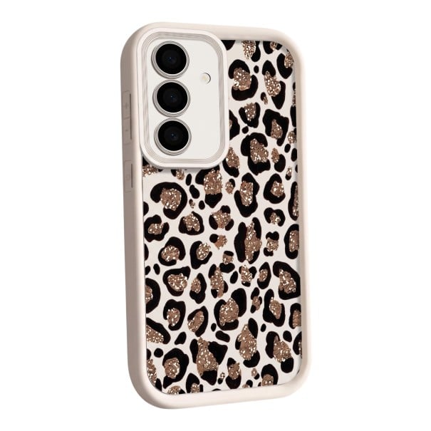 Husă din silicon elastic pentru Samsung Galaxy A35 Model rezistent cu imprimeu leopard și pete strălucitoare Rame în jurul camerei Husă alb