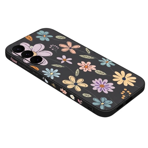 Husă din silicon pentru Samsung Galaxy S24+ cu motiv de flori desenate Protecție pentru cameră Capac pentru telefon Flori și frunze negru