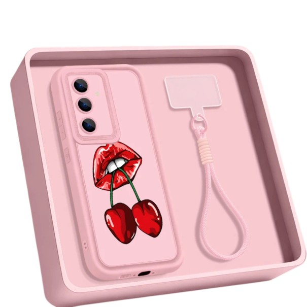 Husa din silicon pentru Samsung Galaxy S25+ Motiv cu cireșe Carcasă cu brăță la încheietura mâinii Husa pentru telefon cu ramă roz deschis