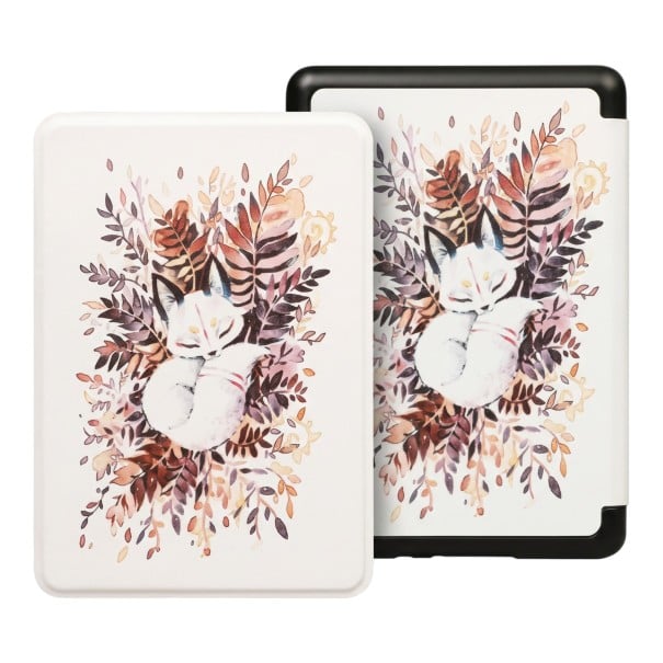 Husa flip albă de 6 inch pentru Kindle 10 generația 2019 cu ilustrația unei vulpi albe dormind în frunzele de toamnă și cu curea de mână și folie 1