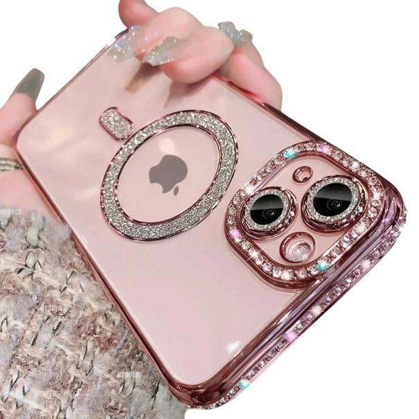Husa iPhone 16 Pietre strasuri stralucitoare Husa de lux cu suport pentru incarcare wireless magnetica Protectie eleganta si design modern roz