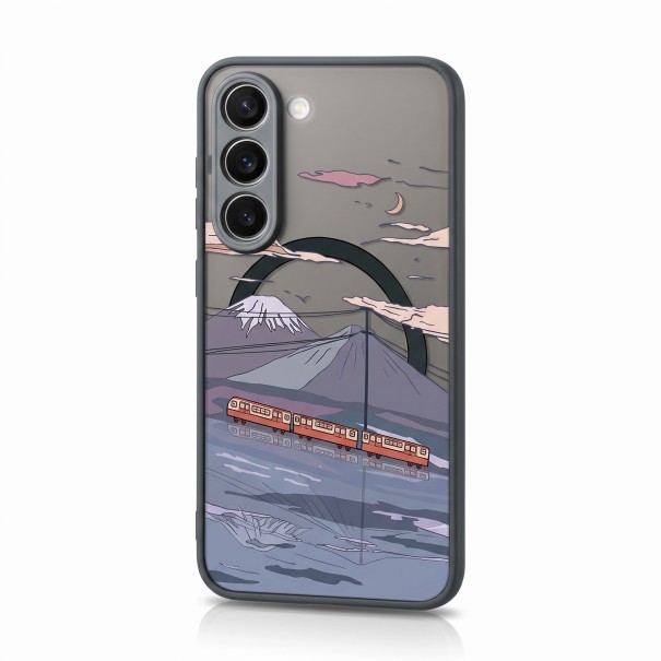 Husă magnetică rezistentă pentru Samsung Galaxy A55 Tren portocalie pe calea ferată deasupra apei Încărcare wireless Cadru negru și butoane portocalii 1