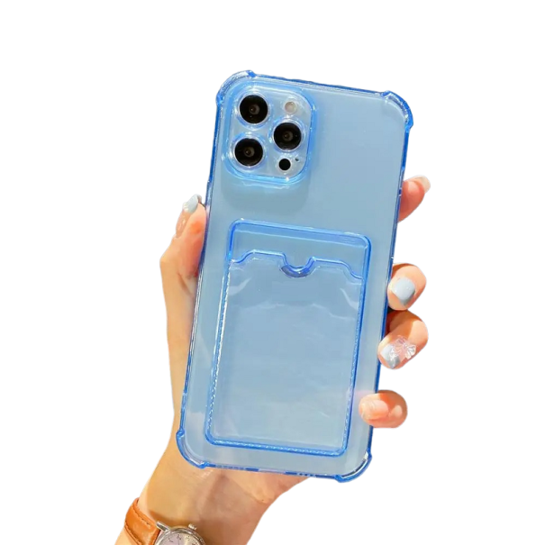 Husa transparenta cu buzunar pentru card pentru iPhone 15 Plus albastru
