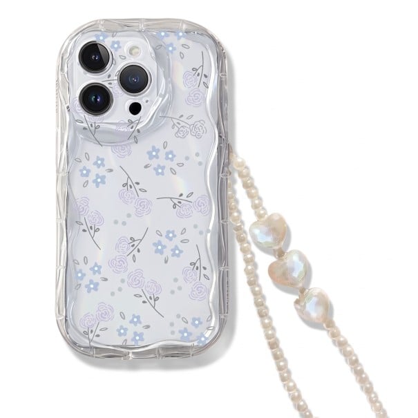 Husa transparentă pentru Samsung Galaxy A36 5G cu model floral albastru și trandafiri, lănțișor de perlă pentru mână, margine ondulată, protecție pentru cameră 1