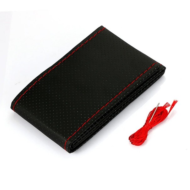 Husă volan cusută manual 38 cm Piele artificială cu ace și ață Împletitură pe volan Husă auto Interior elegant Accesoriu antiderapant negru-roșu