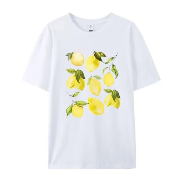 Hvid dame-t-shirt med citronprint Kortærmet Rund halsudskæring Sommertop med frugtmotiv Afslappet stil til hverdagsbrug M