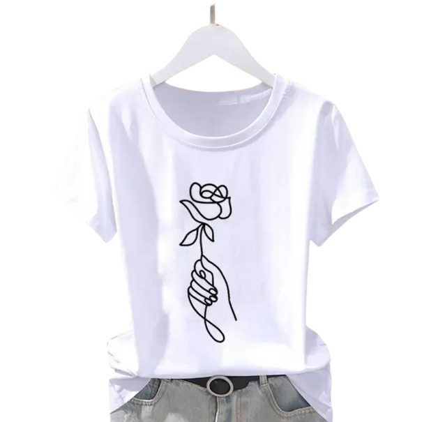 Hvid dame-t-shirt med minimalistisk rose-håndtryk. Enkel kortærmet t-shirt med rund halsudskæring. Afslappet stil. XXL