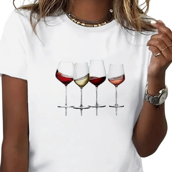 Hvid dame-T-shirt med vinglasprint Fire typer vin Stilfuld T-shirt til vinelskere Sjovt motiv Korte ærmer Behagelig at have på L